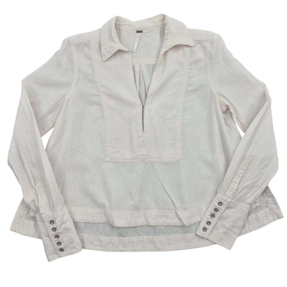 Free People Womens Linen Blend V-Neck‎ Tunic Blouse Cream Long Sleeve XS